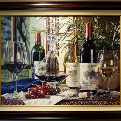 Watercolor Giclee of Three Wine Bottles on a table with two glasses of wine and grapes.