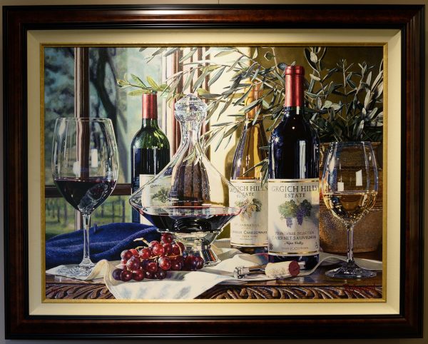 Watercolor Giclee of Three Wine Bottles on a table with two glasses of wine and grapes.