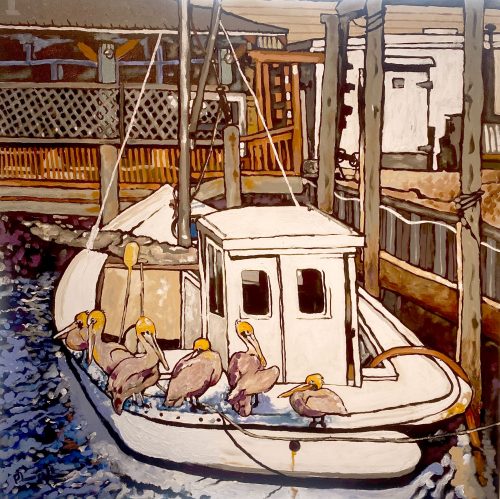 Scoop of Pelicans on Workboat III