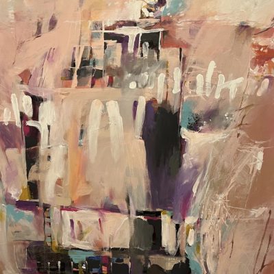 Monologue No. 55 is an abstract painting with soft pink, beige, and white tones, bold layered brushstrokes, and accents of black, purple, and blue. Shapes and lines add depth and movement throughout the canvas.