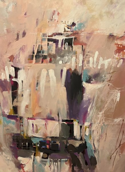 Monologue No. 55 is an abstract painting with soft pink, beige, and white tones, bold layered brushstrokes, and accents of black, purple, and blue. Shapes and lines add depth and movement throughout the canvas.