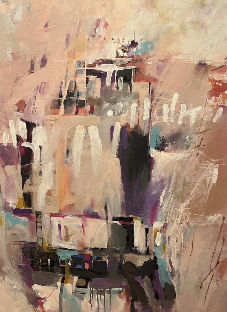 Monologue No. 55 is an abstract painting with soft pink, beige, and white tones, bold layered brushstrokes, and accents of black, purple, and blue. Shapes and lines add depth and movement throughout the canvas.