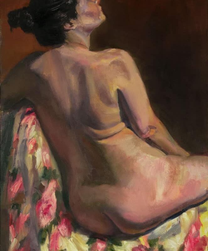 Back of Seated Female Brunette on Floral Brocade