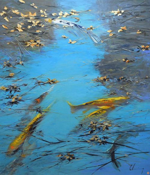 Autumn Leaves features three koi swimming in clear blue water, accented by scattered fallen leaves and branch reflections, evoking a tranquil and vibrant autumn atmosphere.