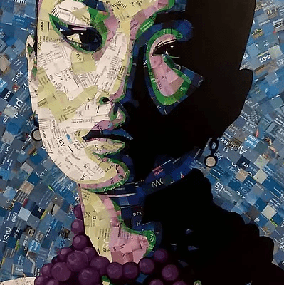A vibrant Zizhu collage portrait of a woman with dramatic lighting, crafted from layered magazine clippings and showcasing a bold purple beaded necklace against a backdrop of blue and white text fragments.