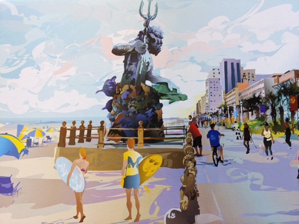 The Neptune digital painting features a grand Neptune statue with a trident on the boardwalk, surrounded by beachgoers, surfers, umbrellas on the sand, palm trees, and tall buildings near the ocean.