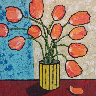 The painting Joyful Serenity features a vase of orange tulips on a red surface, with one fallen petal. The textured, expressive artwork has a blue and beige background.