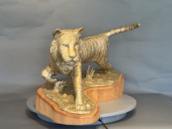Naranji is a bronze-colored tiger sculpture walking forward, mounted on a wooden base shaped like uneven terrain, shown against a plain gray background.