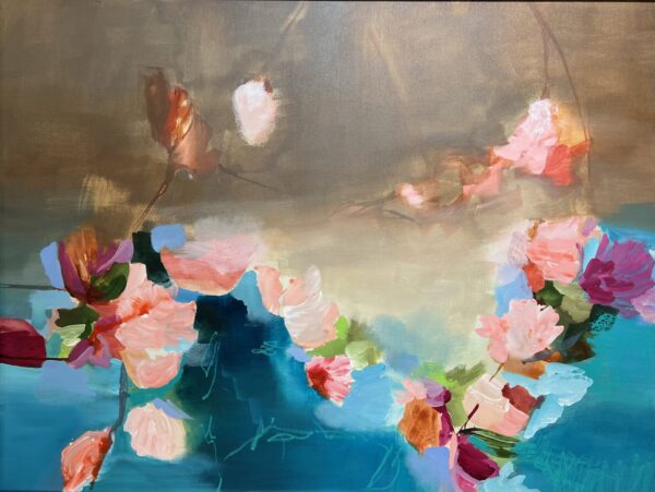 Athenas Garden is an abstract painting with vibrant pink, red, and green floral shapes floating over a teal and tan gradient background, featuring soft blending and textured brushstrokes.