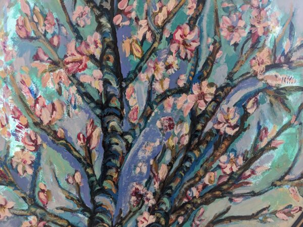 Branch in Bloom is a vibrant painting featuring tree branches adorned with pink blossoms against a blue and turquoise background, evoking the lively spirit of spring.
