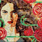 Flora is a vibrant mosaic artwork showing a womans face with striking blue eyes and red lips, framed by swirling red roses and green vines, all crafted from assorted cut paper pieces and tickets.