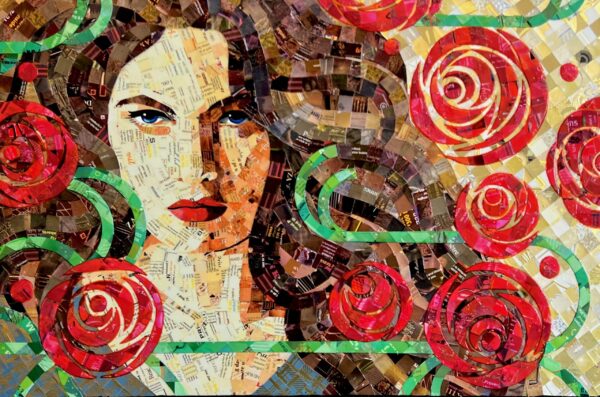 Flora is a vibrant mosaic artwork showing a womans face with striking blue eyes and red lips, framed by swirling red roses and green vines, all crafted from assorted cut paper pieces and tickets.