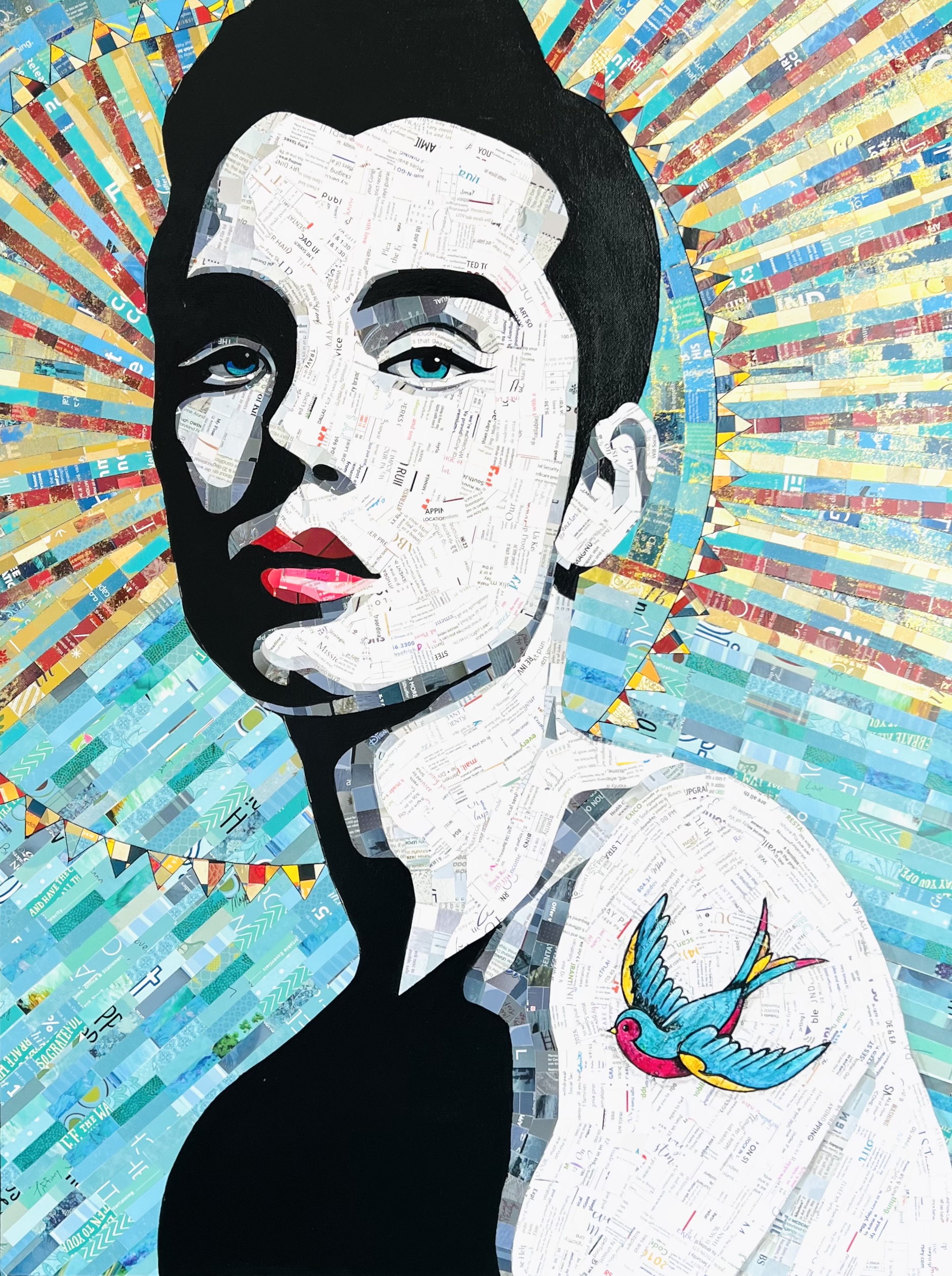 Little Sparrow features a stylized portrait of a person with short dark hair, blue eyes, red lips, and a blue bird tattoo on their shoulder, set against a radiant background of colorful strips and patterns crafted from cut paper.