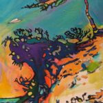 1 Twee, 2 Planes—a vibrant abstract painting of a twisted tree on a cliff, set against a colorful sky. A paper airplane soars in the background, with vivid blue, orange, green, and purple tones throughout.