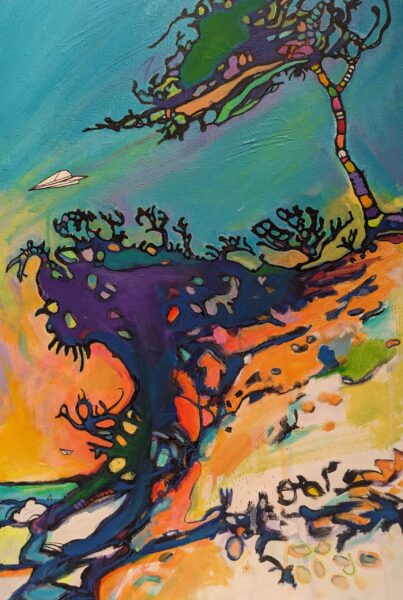 1 Twee, 2 Planes—a vibrant abstract painting of a twisted tree on a cliff, set against a colorful sky. A paper airplane soars in the background, with vivid blue, orange, green, and purple tones throughout.