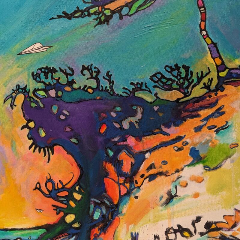 1 Twee, 2 Planes—a vibrant abstract painting of a twisted tree on a cliff, set against a colorful sky. A paper airplane soars in the background, with vivid blue, orange, green, and purple tones throughout.