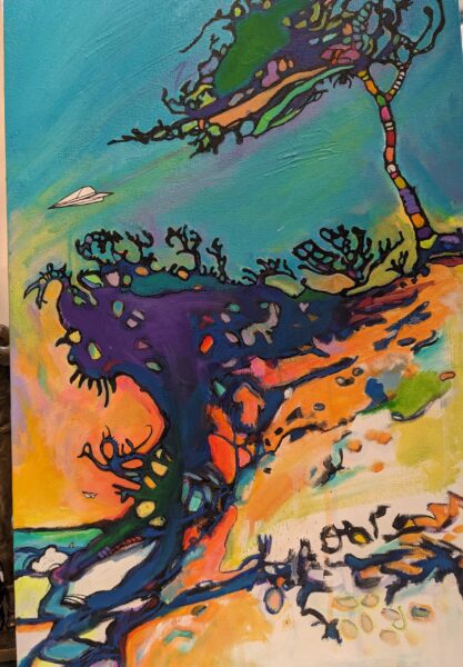1 Twee, 2 Planes features a colorful abstract painting of a windswept tree on a cliffside with vibrant blues, oranges, and greens swirling together. A whimsical white paper airplane soars in the sky, adding an energetic touch.