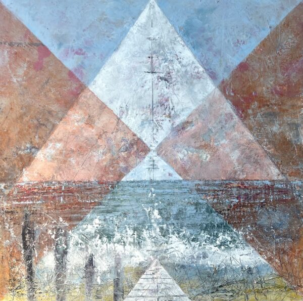 Drifting is an abstract painting featuring overlapping triangles in white, blue, and earth tones over a textured seascape background with waves, sky, and shoreline hints, blending geometric shapes with natural elements.