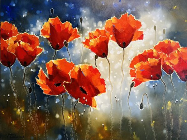 After the Rain II features bright red poppies with dark centers and long stems, set against a blurred, dreamy backdrop of blue, white, and gold hues for a glowing, ethereal effect.