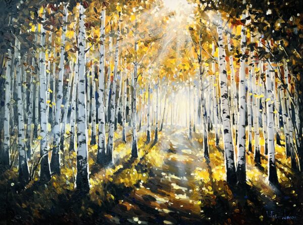 Birches depicts a sunlit forest path lined with tall birch trees. Golden sunlight filters through autumn foliage, creating dappled light and inviting warmth along the ground.