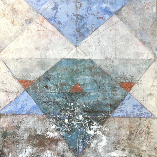 Drifting features abstract geometric art with overlapping blue, teal, and orange triangles on a textured background of white, grey, and beige tones for a layered, dimensional effect.