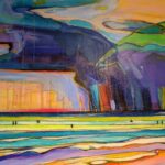 “Color Break” is a vibrant abstract painting depicting a beach scene with swirling clouds and waves in stunning shades of blue, green, purple, and yellow, accented by small silhouetted figures.
