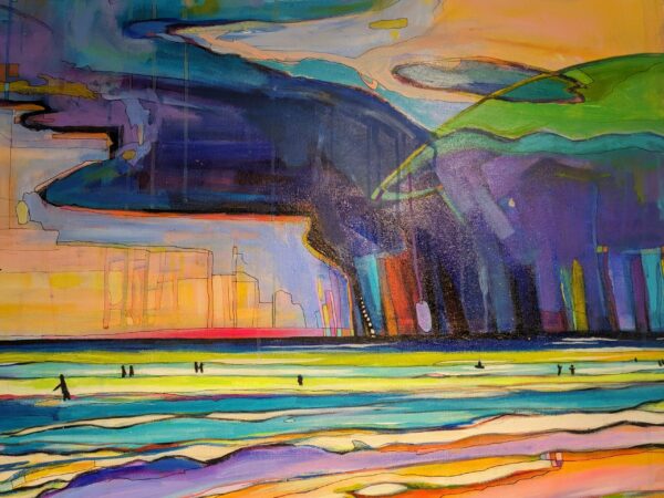 “Color Break” is a vibrant abstract painting depicting a beach scene with swirling clouds and waves in stunning shades of blue, green, purple, and yellow, accented by small silhouetted figures.