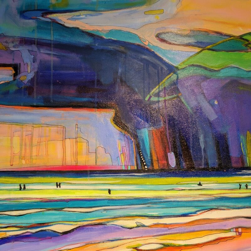 “Color Break” is a vibrant abstract painting depicting a beach scene with swirling clouds and waves in stunning shades of blue, green, purple, and yellow, accented by small silhouetted figures.