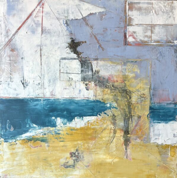 Drifting is an abstract painting featuring blue and yellow hues that evoke a beach and water, with geometric shapes, textured brushstrokes, and a blurred dark vertical form near the center.