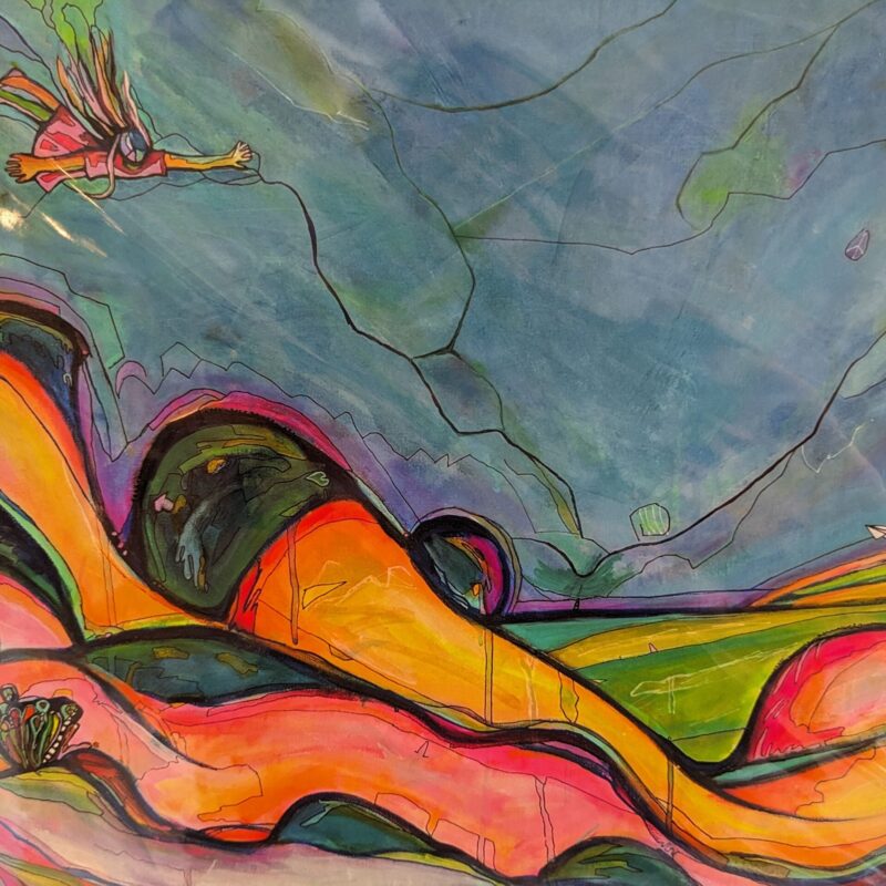 Free Dreams is a colorful abstract painting depicting a winged person soaring above vibrant, swirling landscapes with curved hills, green patches, and paper airplanes beneath a dynamic blue sky.