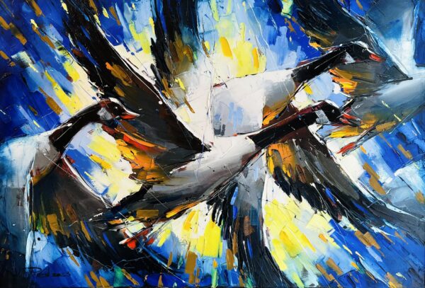 Freedom is an abstract oil painting depicting three geese in flight, with bold blue, yellow, and white brushstrokes that convey dynamic energy and movement.