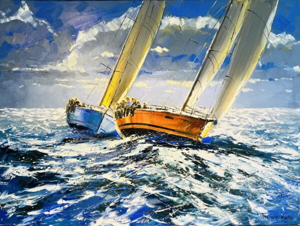 In Friends Race, two sailboats with yellow and orange sails compete side by side on sunlit, choppy ocean waves beneath a partly cloudy blue sky, with visible crews on each boat.