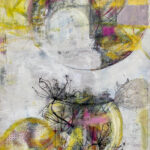 Abstract painting with circular and organic shapes in yellow, pink, and gray tones. Delicate black lines resembling plant stems or roots intersect with textured, layered backgrounds, giving a sense of movement and depth.
