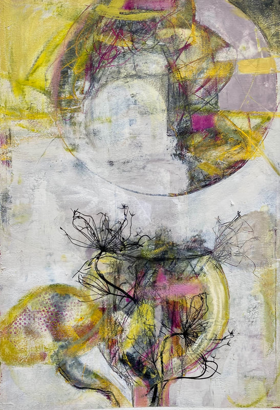 Abstract painting with circular and organic shapes in yellow, pink, and gray tones. Delicate black lines resembling plant stems or roots intersect with textured, layered backgrounds, giving a sense of movement and depth.
