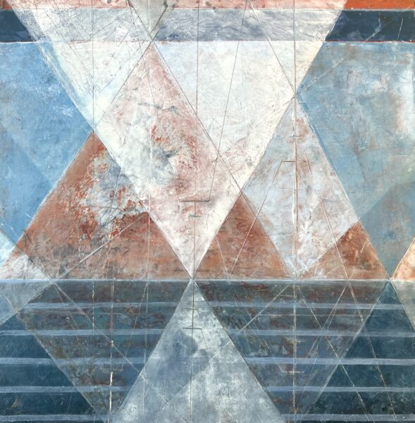 Drifting is an abstract geometric painting featuring overlapping triangles in blue, white, rust, and gray. Thin lines link various points to form a layered, textured, and symmetrical pattern across the canvas.