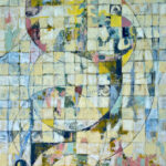 Abstract painting featuring intersecting geometric shapes, including circles and squares, in muted tones of yellow, white, and blue, with patches of pink and green. The composition appears textured and layered with a grid overlay.