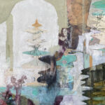 Abstract mixed media artwork featuring layered shapes in muted greens, blues, and purples. Swirling forms, textured brushstrokes, and faint outlines of faces and plants create a dreamlike, ethereal composition.
