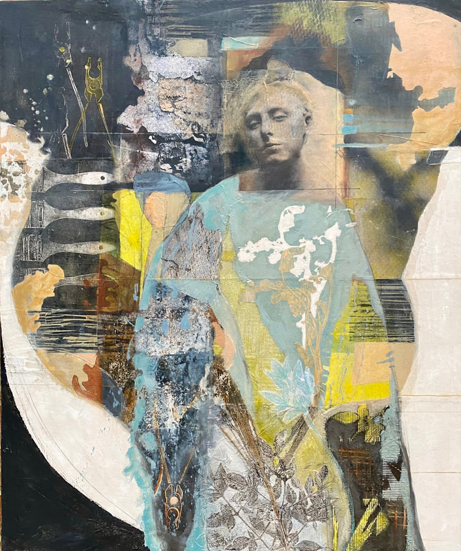 A mixed-media artwork features a serene, classical-style figure with closed eyes, draped in a collage of pastel colors, abstract patterns, and botanical elements, against a complex, layered background.
