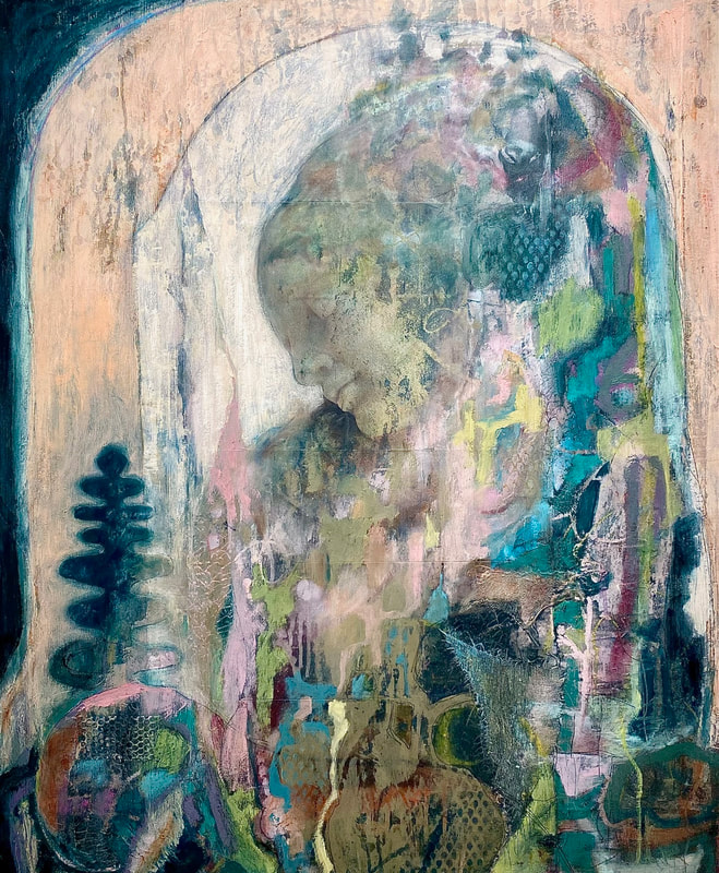 Abstract painting of a figure with a bowed head, surrounded by vibrant colors and textures in blues, pinks, and greens, with organic shapes and patterns blending into the background.