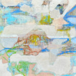 Wanderlust is an abstract painting featuring soft pastel hues of blue, green, peach, and yellow with layered white brushstrokes. Loose shapes and intersecting lines create a textured surface that evokes a dreamy, airy atmosphere.