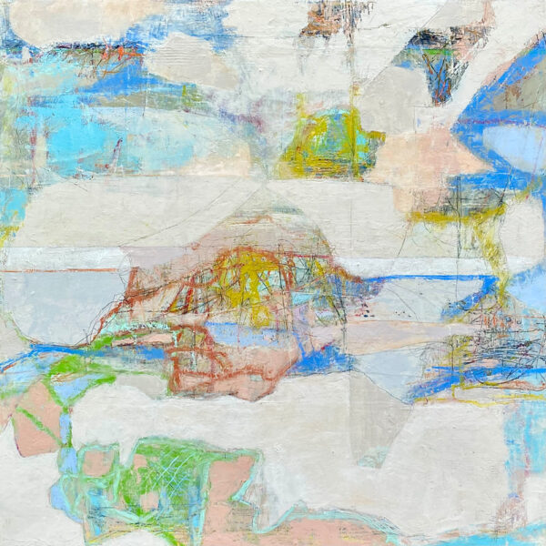 Wanderlust is an abstract painting featuring soft pastel hues of blue, green, peach, and yellow with layered white brushstrokes. Loose shapes and intersecting lines create a textured surface that evokes a dreamy, airy atmosphere.