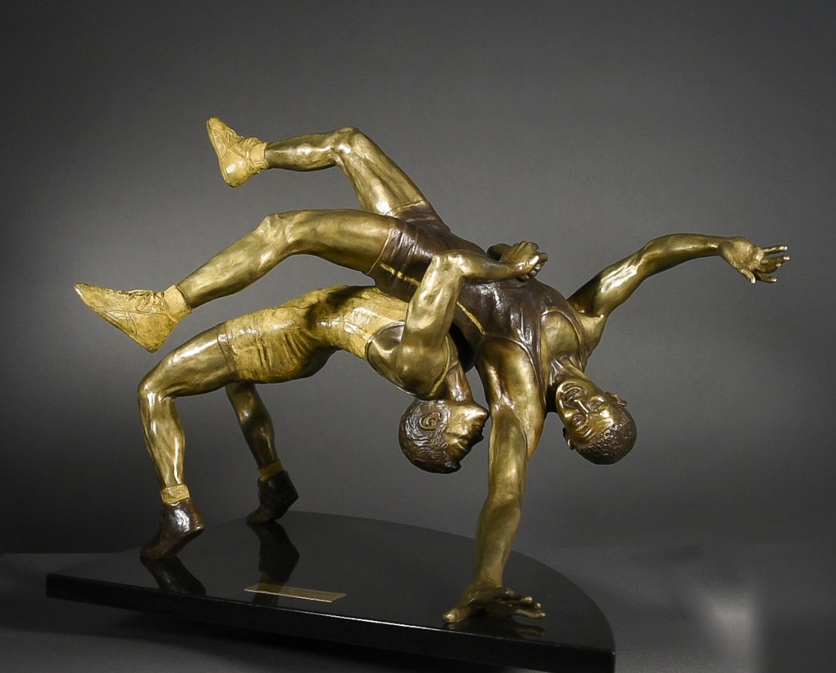 Bronze wrestling sculpture